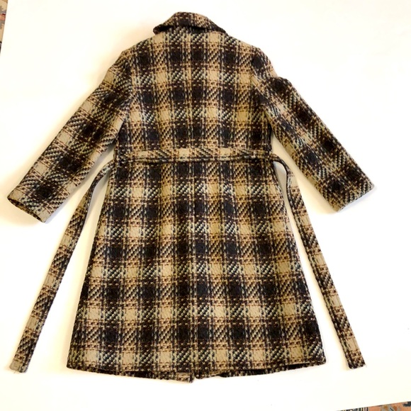 DKNY Coat 10 Tweed Brown Cream Check Plaid Pockets Belt Wool Excellent Condition - Picture 2 of 10